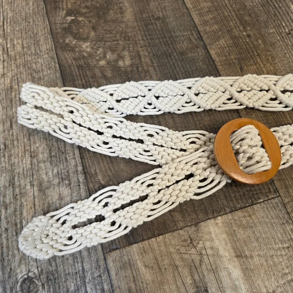 Vintage Cream Woven Fabric Belt Boho Coastal Cowgirl Crochet Wooden Buckle